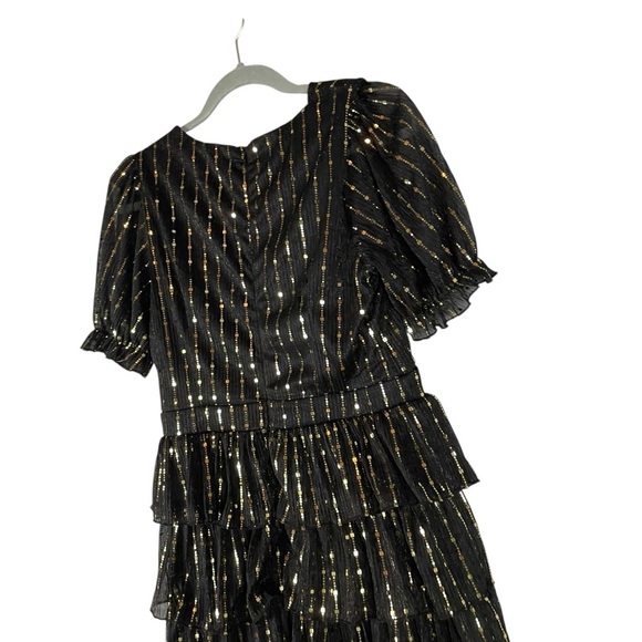 AQUA Black Metallic Stripe Tiered Ruffle Mini Dress Size M - Picture 8 of 10